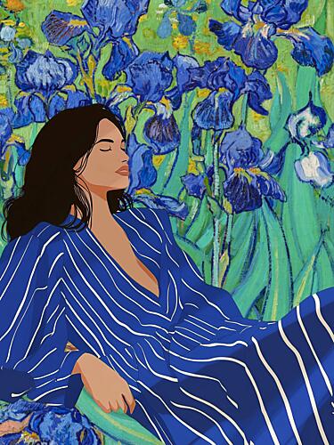 Woman Among Blue Irises Art Print