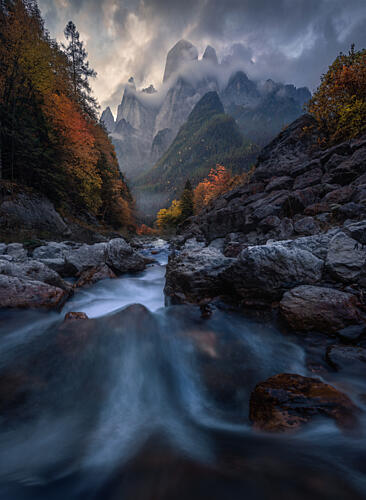 Misty Mountain River Art Print