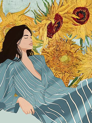 Serene Woman Sunflowers Art Print