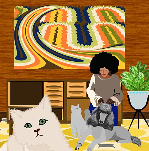 Midcentury Woman with Pets Pop art reproduction