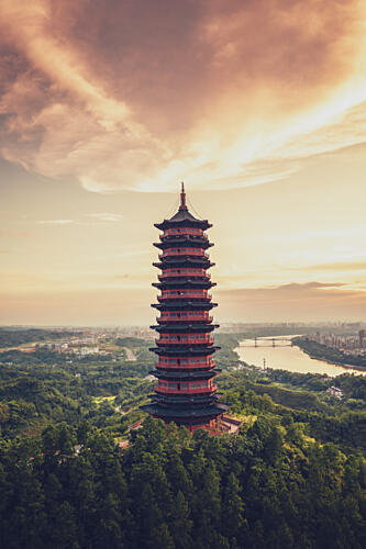 Golden Pagoda Sunset Art Print