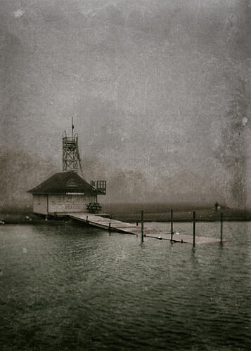 Misty Boathouse Tower Art Print