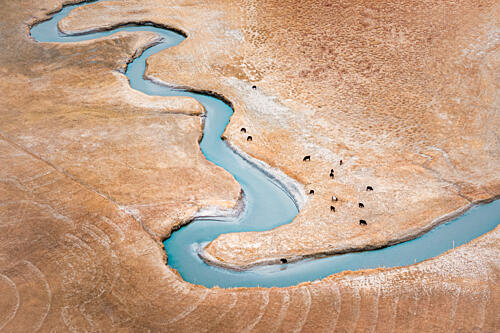 Winding Blue River Landscape Gold Print