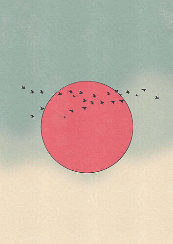 Retro Birds over Sun Art Print