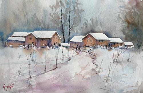 Rustic Winter Village Art Print
