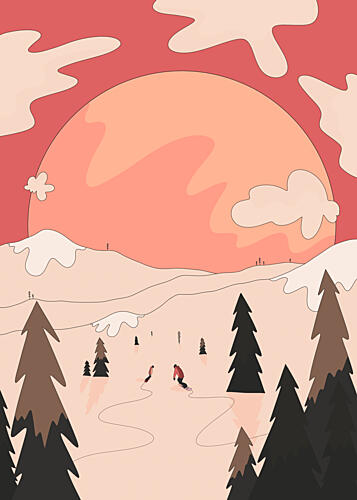 Skiing under Peach Skies Art Print