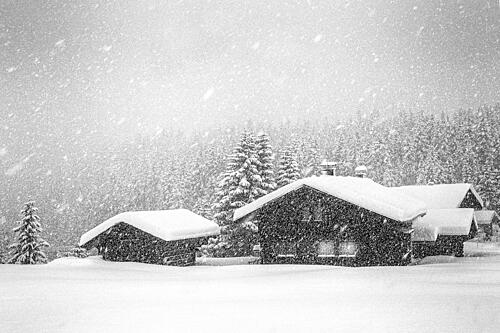 Falling Snow Chalets Art Print