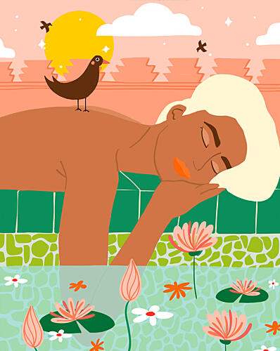 Peaceful Woman Lotus Bath Art Print