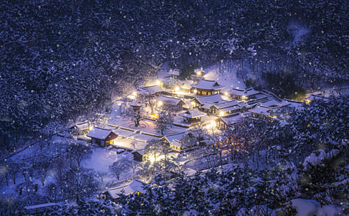 Snowy Night at a Mountain Temple Art Print