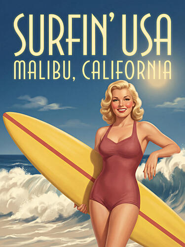 Vintage Malibu Surfer Girl Gold Print