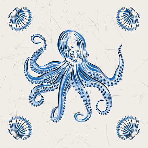 Blue Octopus and Shells Art Print