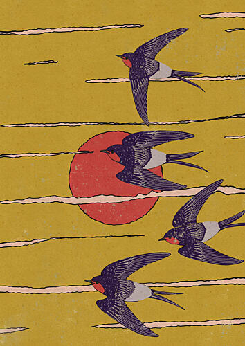 Flying Swallows Red Sun Gold Print