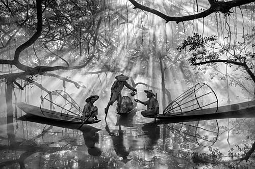 Misty Jungle Fishermen Art Print