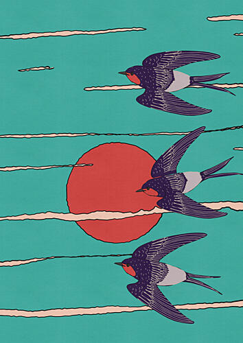Teal Sky Swallows Flight Art Print