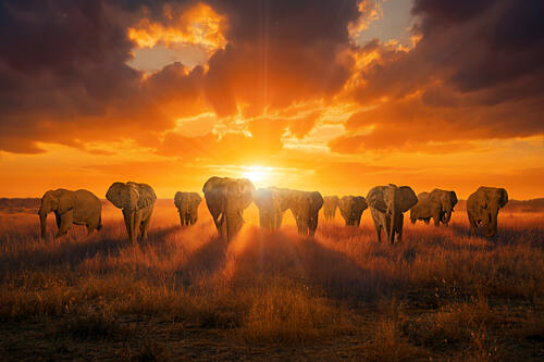 Majestic Elephants Sunset Gold Print