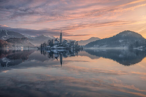 Sunrise over Lake Bled Art Print by Stefano Caccia