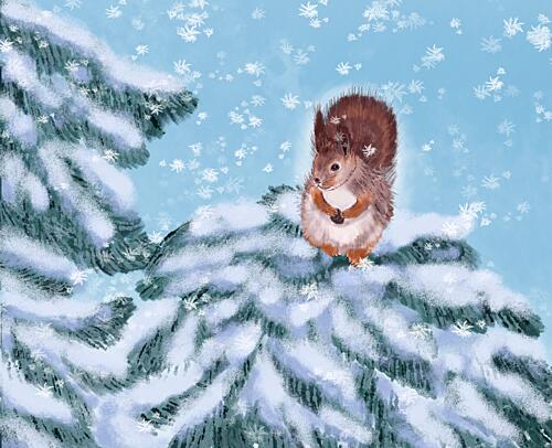 Snowy Forest Squirrel Art Print