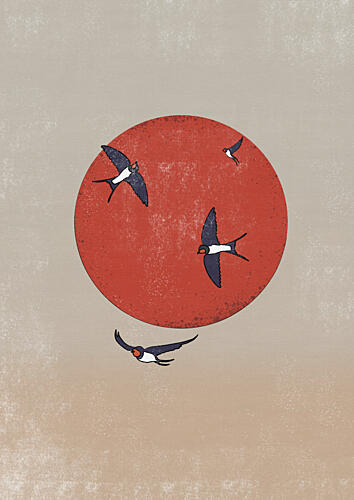 Swallows over Red Sun Art Print