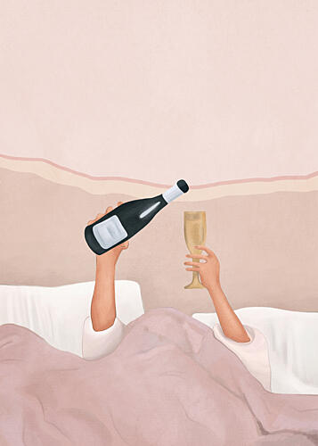Champagne in Bed Art Print by Flow Line