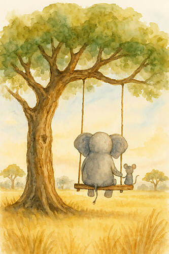 Elephant Mouse Tree Swing Gold Print