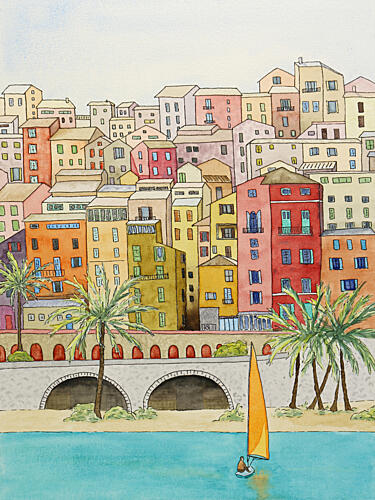 Colorful Coastal Village Art Print