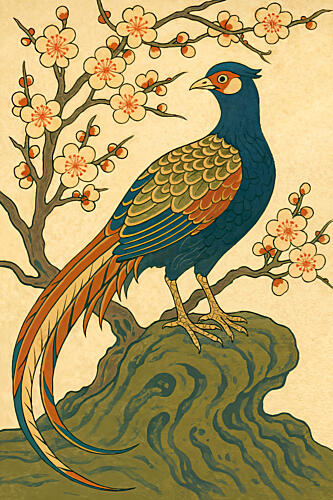 Blue Pheasant and Blossoms Art Print