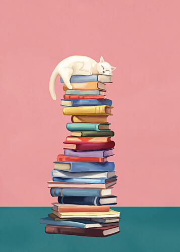 Cozy Cat on Colorful Books Art Print by Flow Line