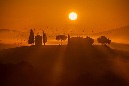 Misty Tuscan Chapel Sunrise Art Print by Liz Fang