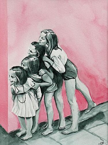 Sisters Piggyback Play Art Print by Ida Publishing