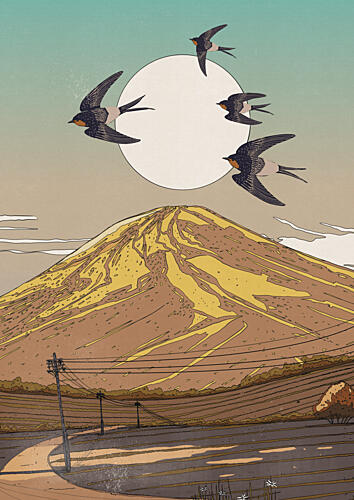 Mount Fuji Swallows Sunset Art Print