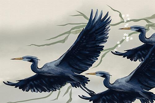 Flying Herons and Blossoms Art Print