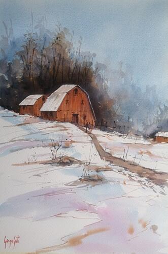 Snowy Country Barn Art Print