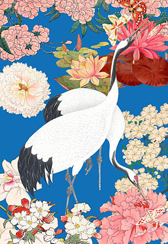 Japanese Cranes Floral Art Art Print