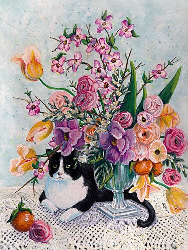 Tuxedo Cat Spring Blooms Art Print