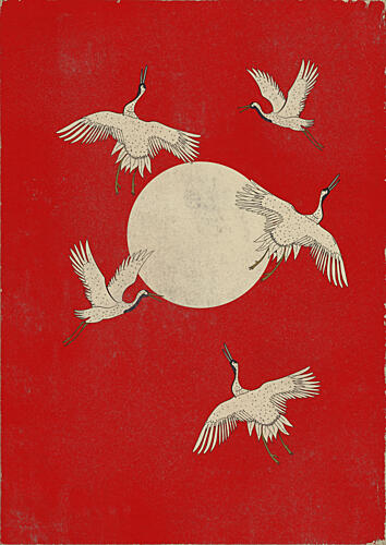 Japanese Cranes Red Moon Art Print