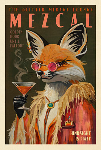 Mezcal Fox Print. Vintage Alcohol Posters and Cocktail Decor Gold Print