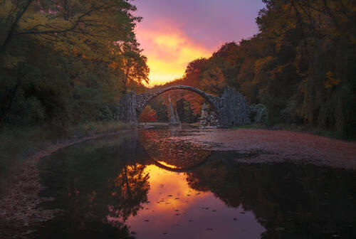 Magic Bridge Sunset Reflection Art Print