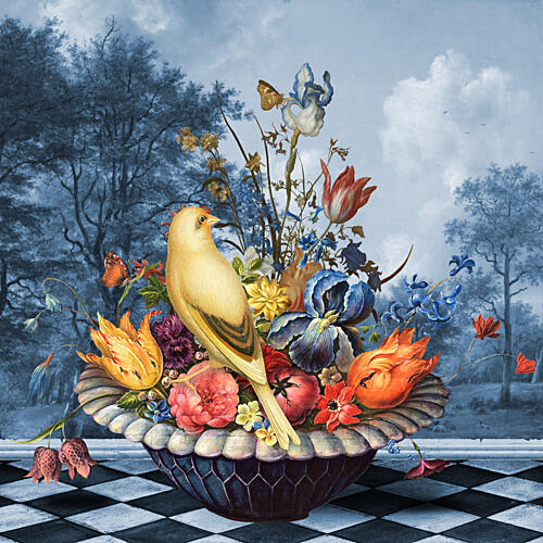 Yellow Bird Floral Still Life Art Print