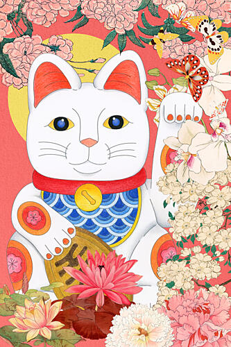 Lucky Cat Floral Fortune Art Print