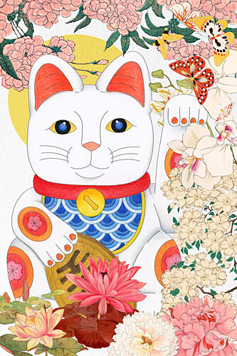 Lucky Cat Floral Fortune Art Print