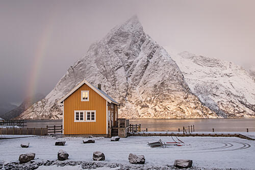 Yellow House Winter Rainbow Art Print