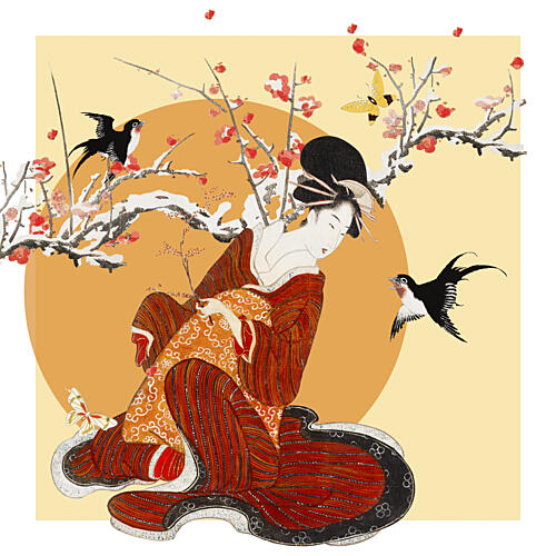 Geisha Plum Blossoms Swallows Art Print