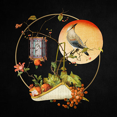 Oriental Bird Harvest Lantern Gold Print