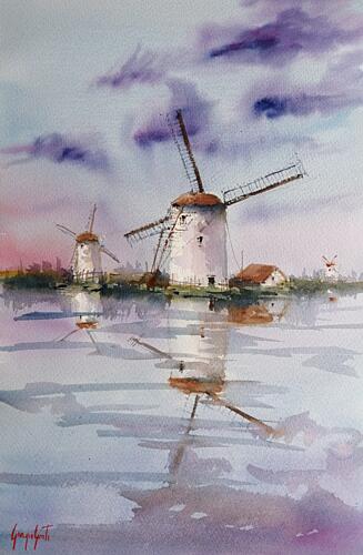 Twilight Windmill Reflections Art Print
