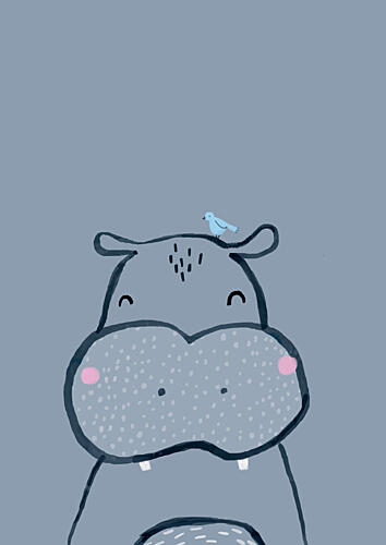 Sweet Hippo and Bird Art Print