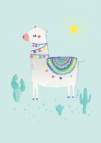 Cheerful Llama Desert Scene Art Print by Laura Pantony