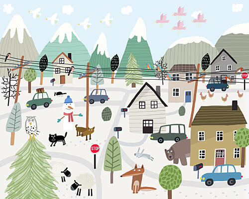 Cozy Winter Village Scene Art Print