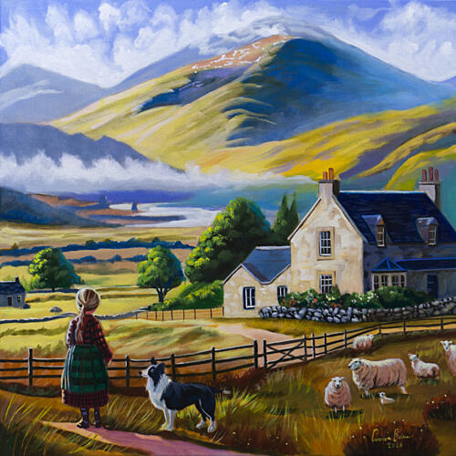 Highland Cottage Scene Gold Print