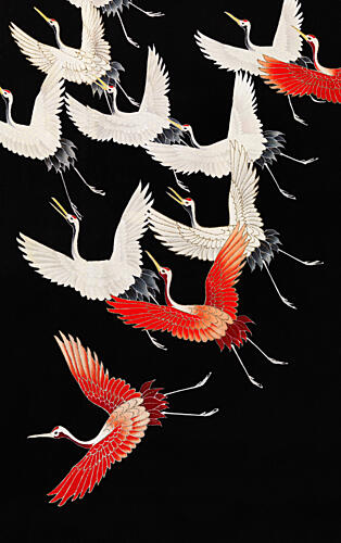 Flying Red and White Cranes Gold Print