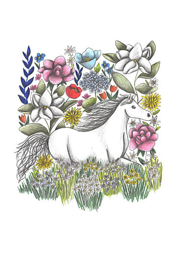 White Horse Floral Garden Art Print